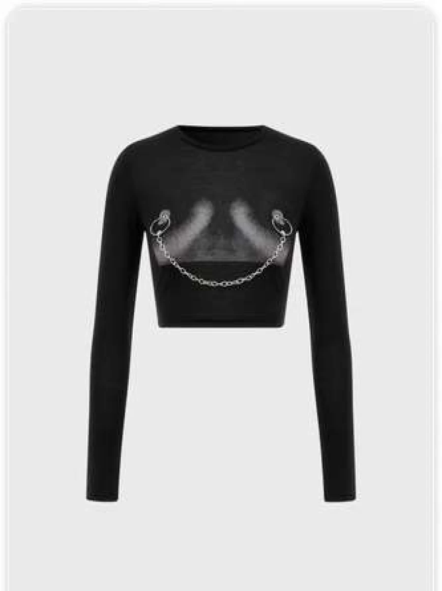 Kollyy Punk Style Black T-Shirt with Edgy Body Print and Metal Chain Details