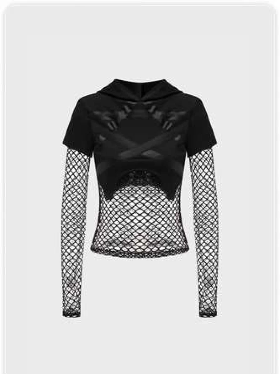 Black Mesh Patchwork Halloween T-Shirt - Gothic Style Top for Women & Men