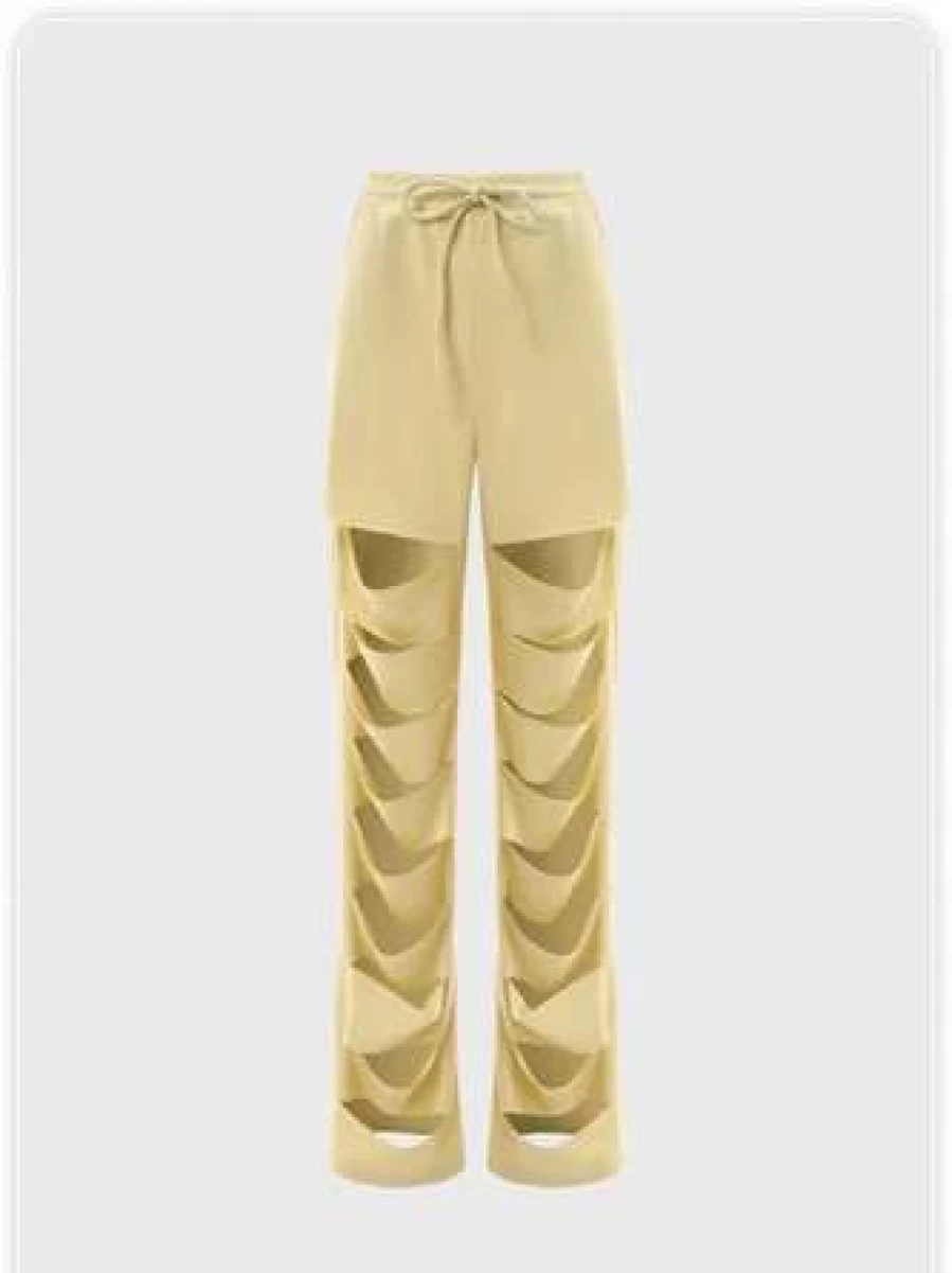 Kollyy Women's Khaki High-Waisted Street Style Cut Out Detail Pants