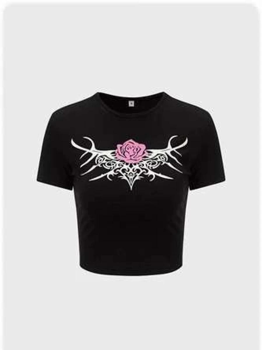 Black Punk Floral Print Short Sleeve T-Shirt for Women - Edgy Rock Style Top