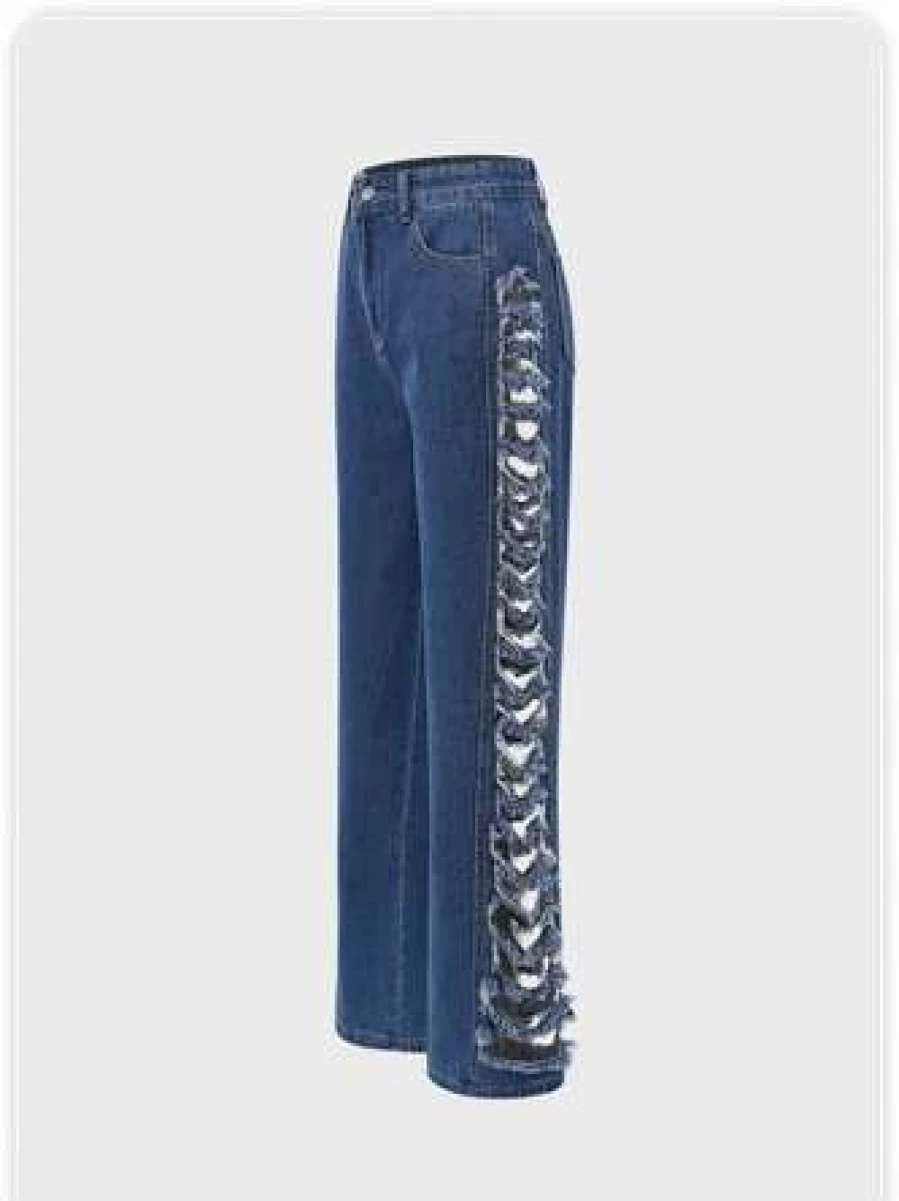 "Kollyy Blue Street Denim Cut-Out High-Waisted Pants for Women"