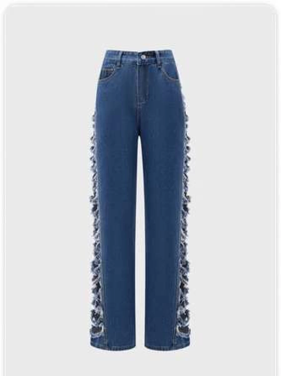 "Kollyy Blue Street Denim Cut-Out High-Waisted Pants for Women"