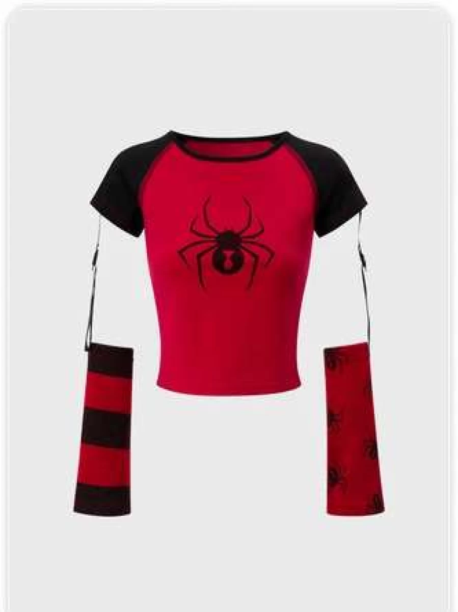 Y2K Asymmetrical Sleeve Halloween T-Shirt - Trendy Vintage Inspired Top for Costume Parties