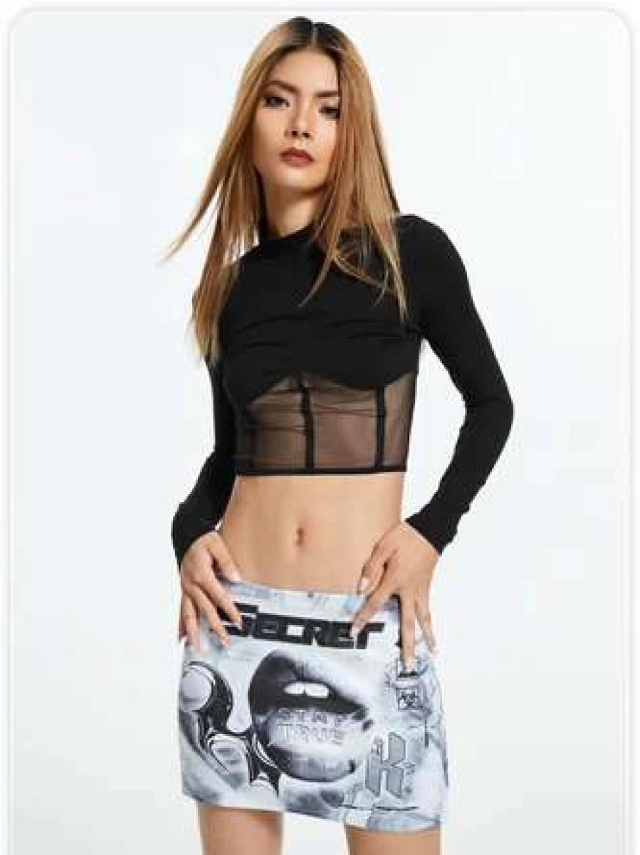 Black Y2K Mesh Patchwork T-Shirt - Edgy Retro Streetwear Top