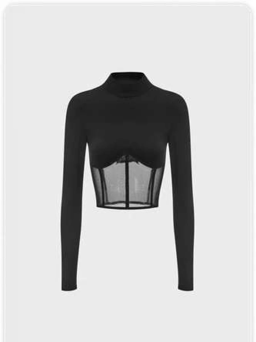 Black Y2K Mesh Patchwork T-Shirt - Edgy Retro Streetwear Top