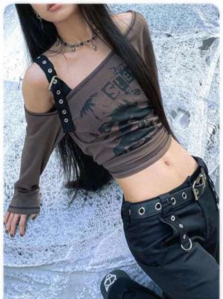 Brown Skull Print Asymmetrical Punk Style T-Shirt - Kollyy Alternative Fashion Top