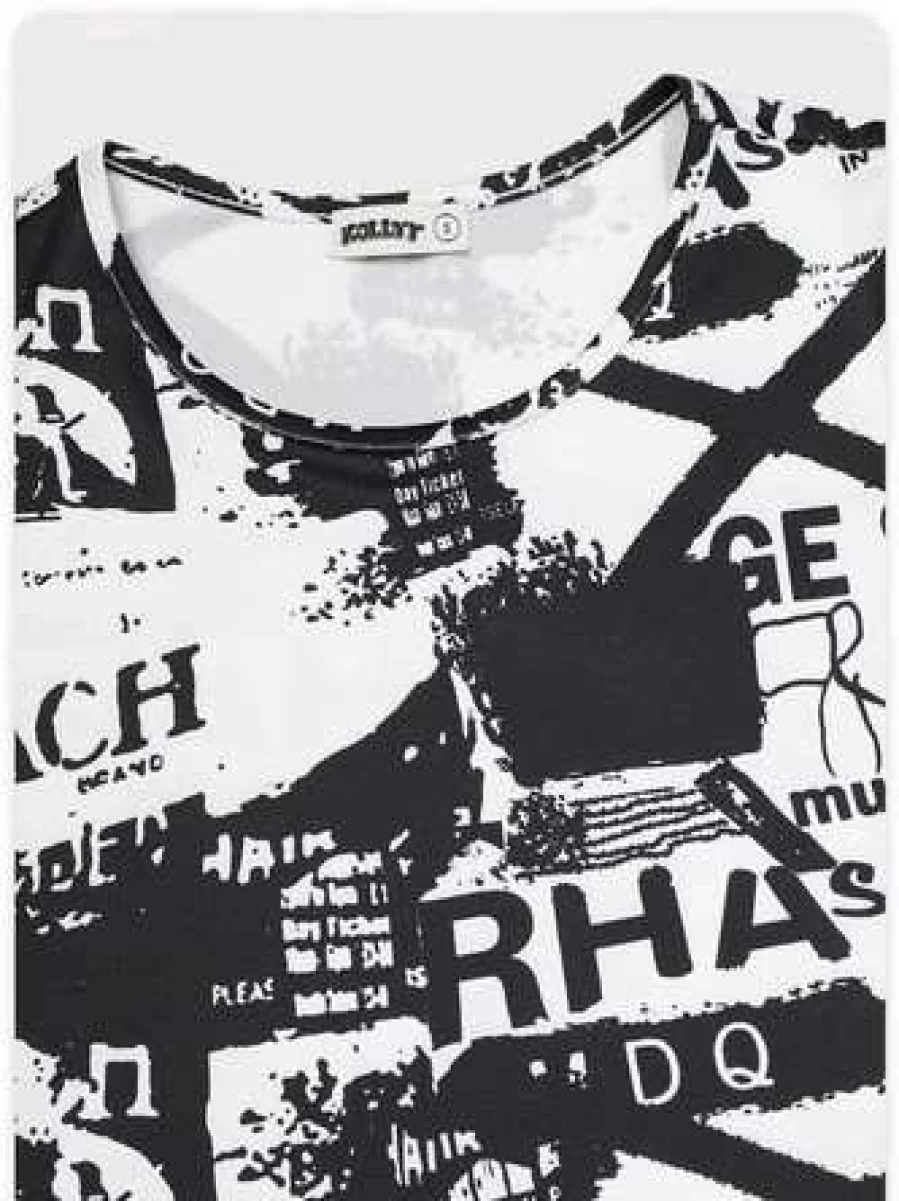 "Kollyy Street Letter Graphic Crew Neck T-Shirt - Black & White Casual Top"