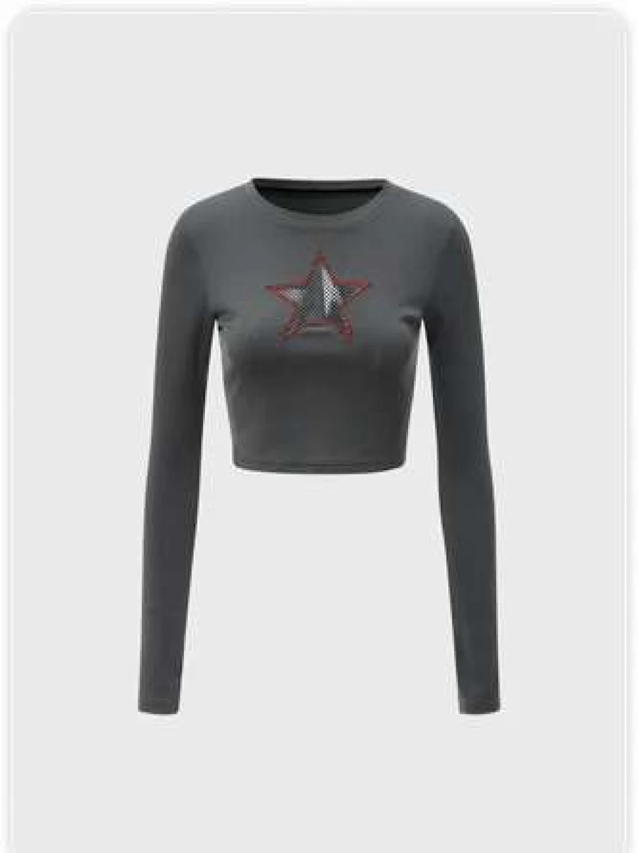 Y2K Star Cut Out T-Shirt in Deep Gray - Trendy Vintage Graphic Tee