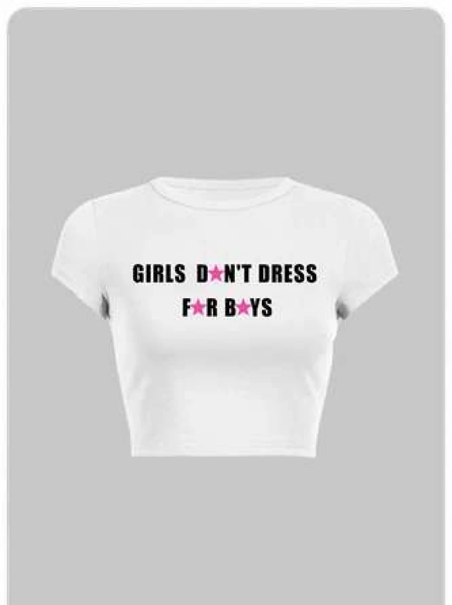 Y2K Vintage White Crew Neck Letter Print T-Shirt for Women