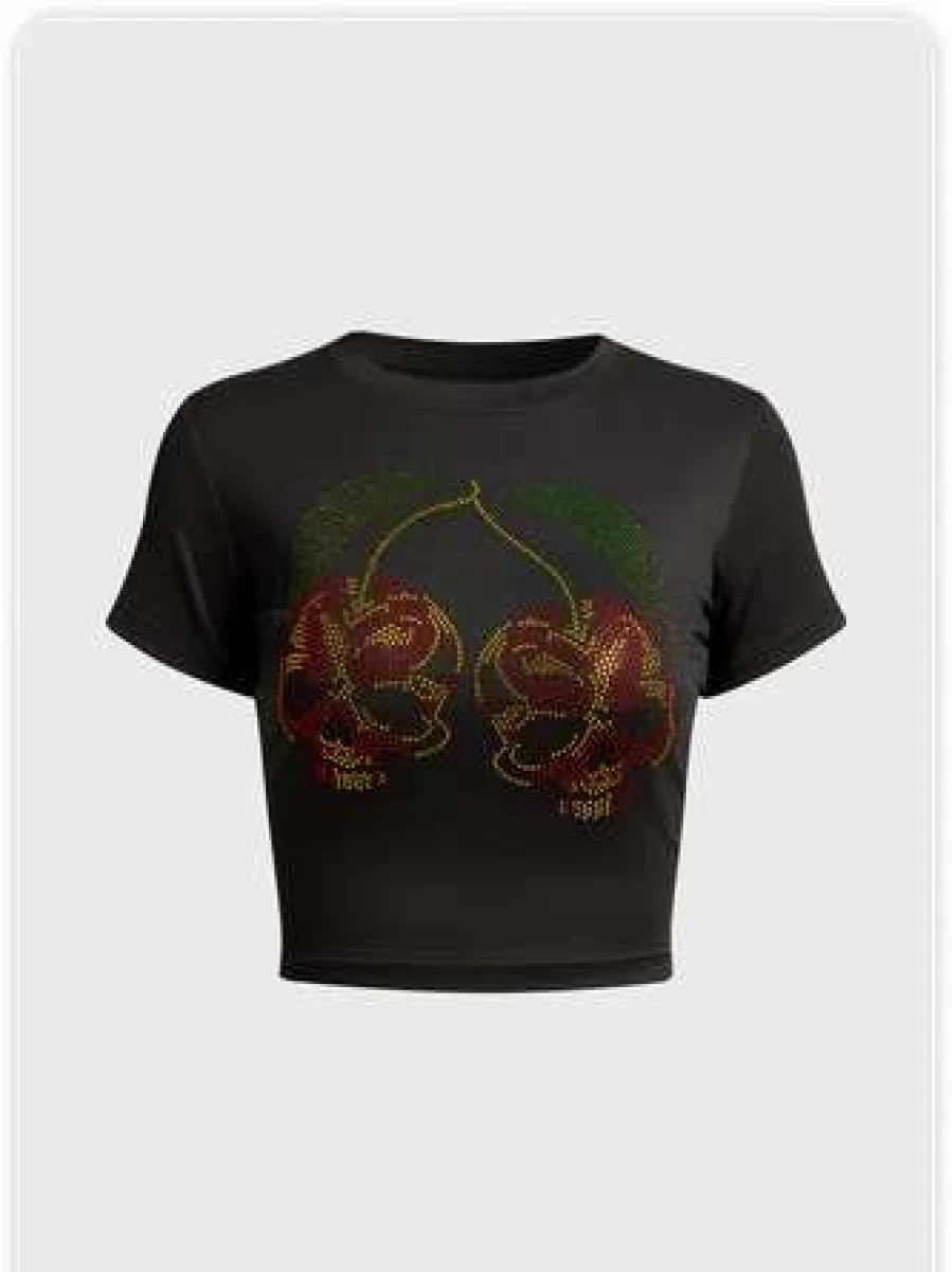 "Black Kollyy Street Hotfix Rhinestone Top T-Shirt for Women"