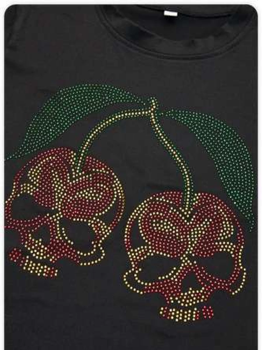 "Black Kollyy Street Hotfix Rhinestone Top T-Shirt for Women"