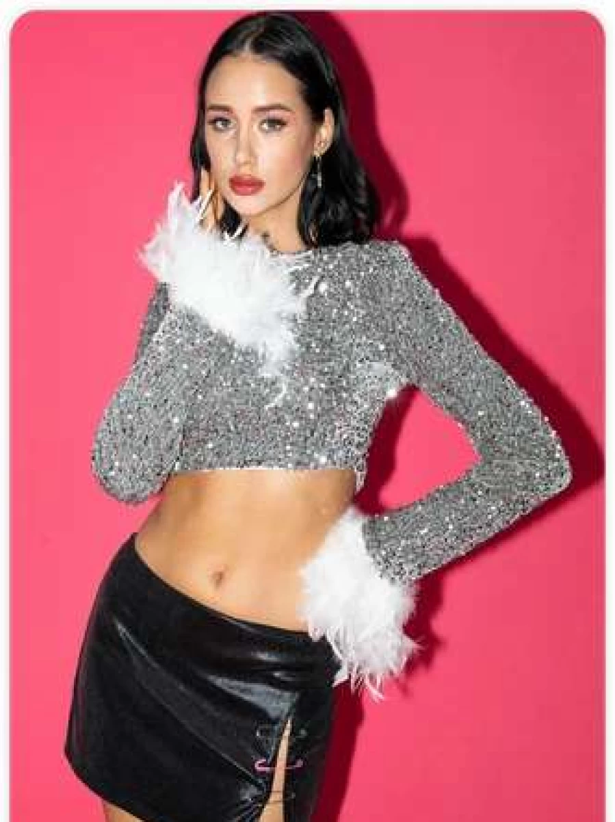 Silver Edgy Feather Sequins Embellished T-Shirt - Glamorous Party Top