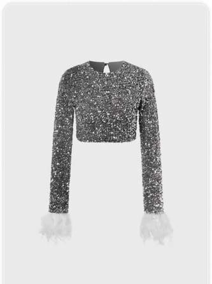 Silver Edgy Feather Sequins Embellished T-Shirt - Glamorous Party Top