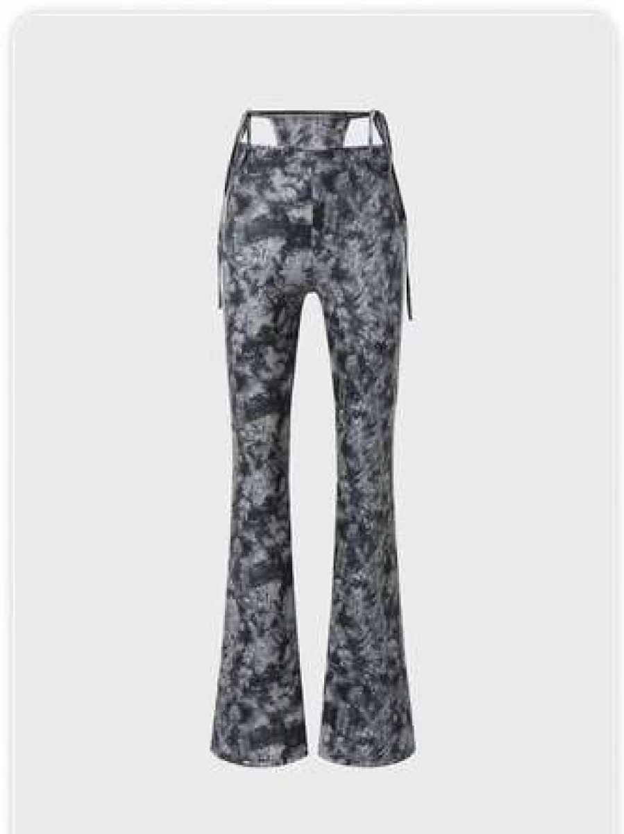 Y2K Gray Tie-Dye Lace-Up Cut Out Pants with Distressed Detail