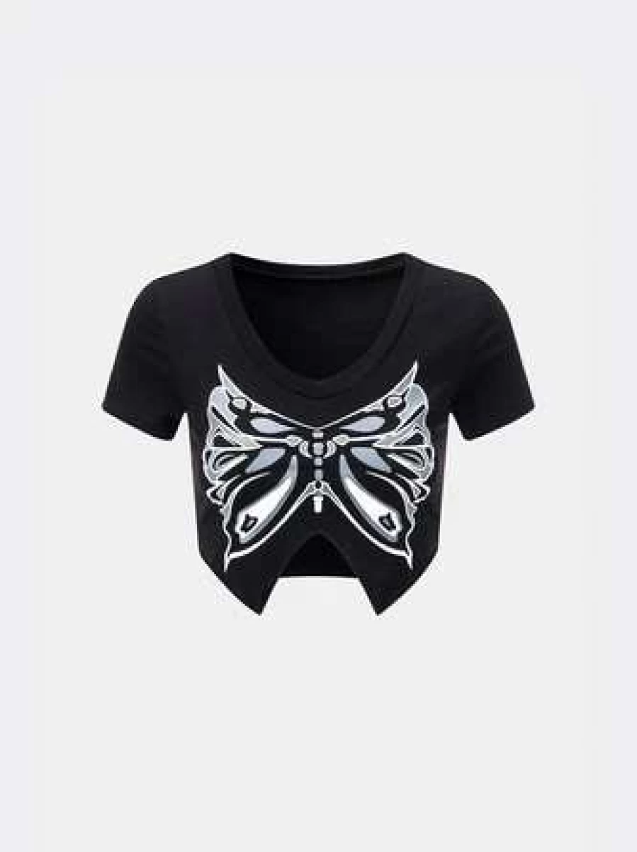 Black V-Neck Butterfly Print Fashion T-Shirt for Women