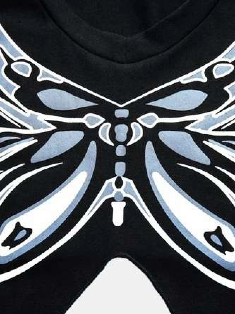 Black V-Neck Butterfly Print Fashion T-Shirt for Women