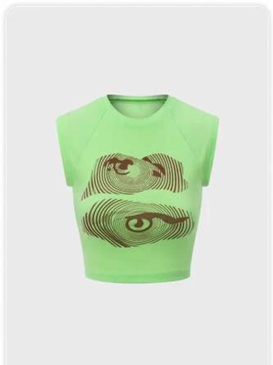 Y2K Graffiti Print Slim Fit Green T-Shirt for Women