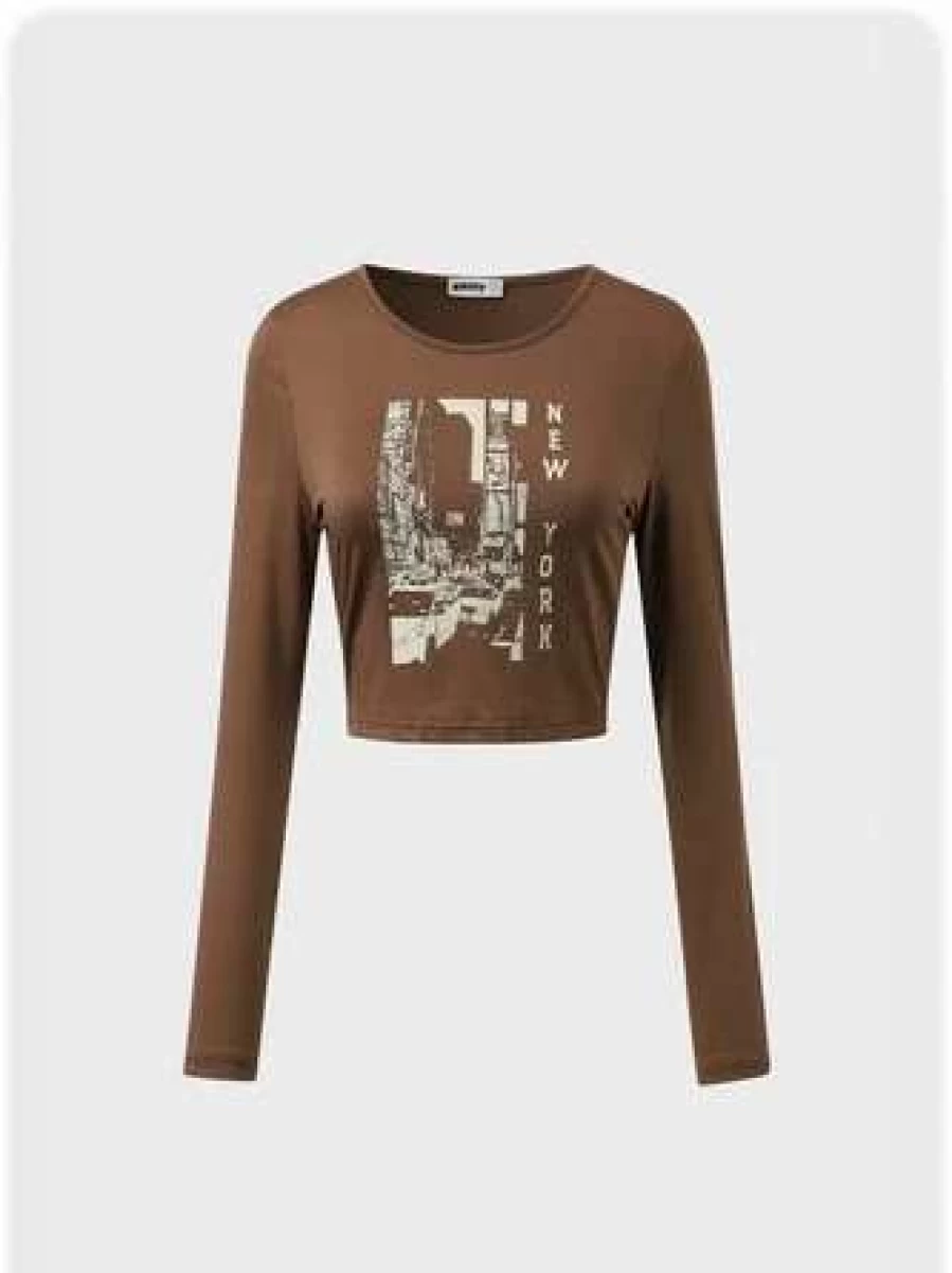 "Kollyy Vintage Coffee Color Retro Style Top T-Shirt for Women"