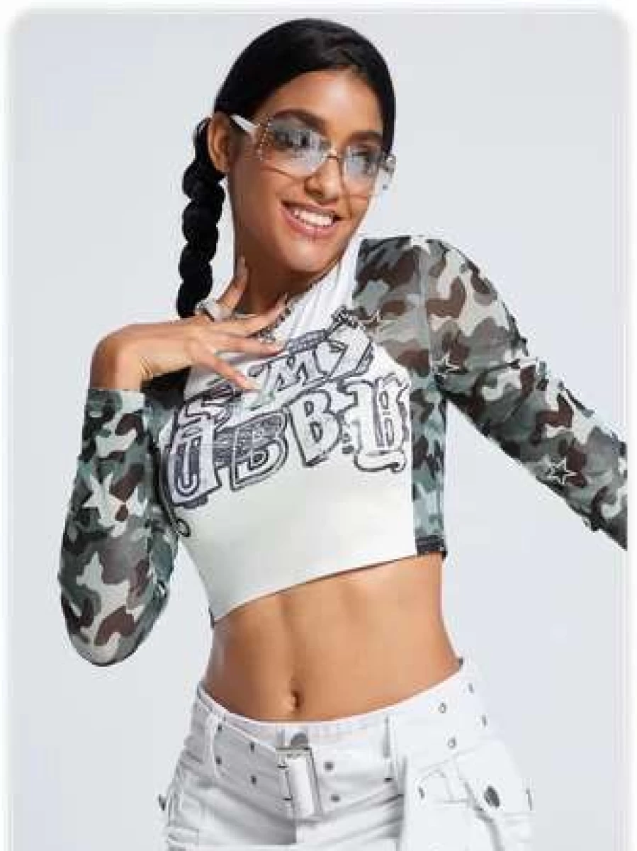 "White Kollyy Street Mesh Patchwork Camo T-Shirt for Women"