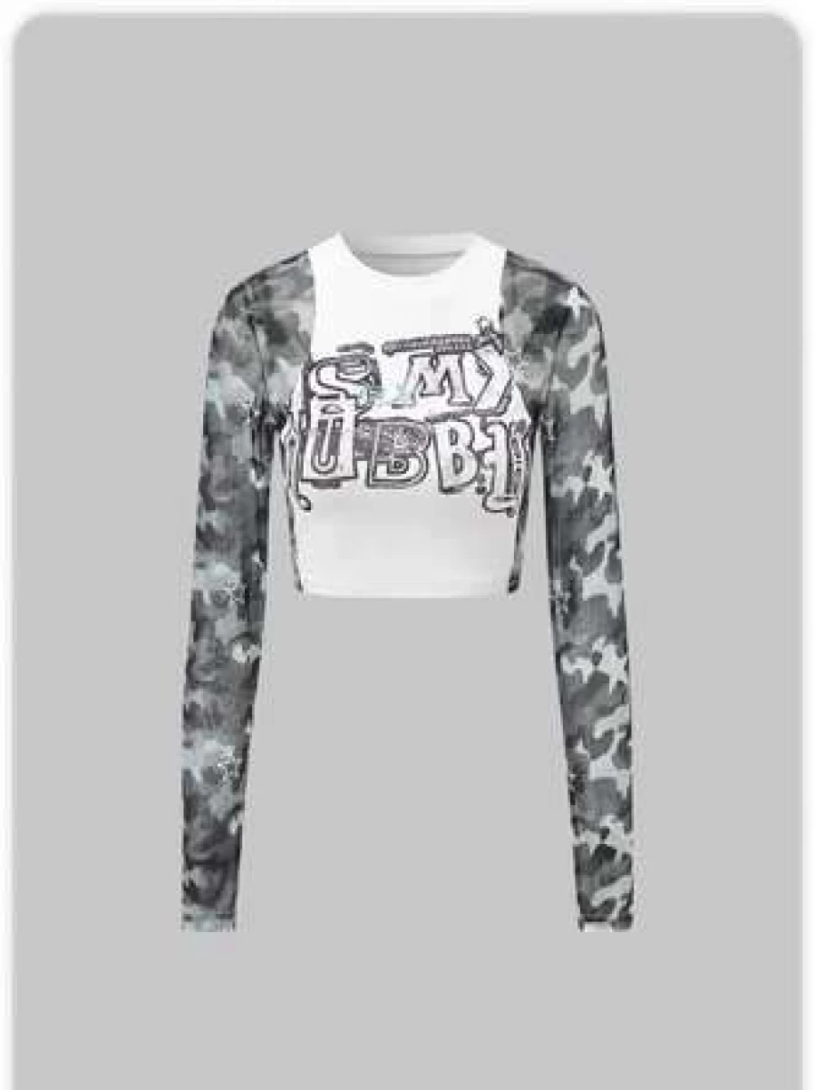 "White Kollyy Street Mesh Patchwork Camo T-Shirt for Women"