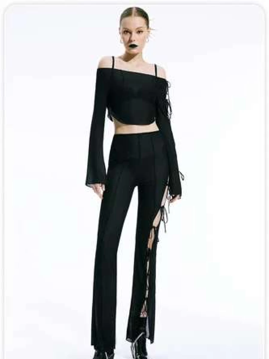 Black Lace Up Asymmetrical Mesh Panel Pants with High Waist Design
