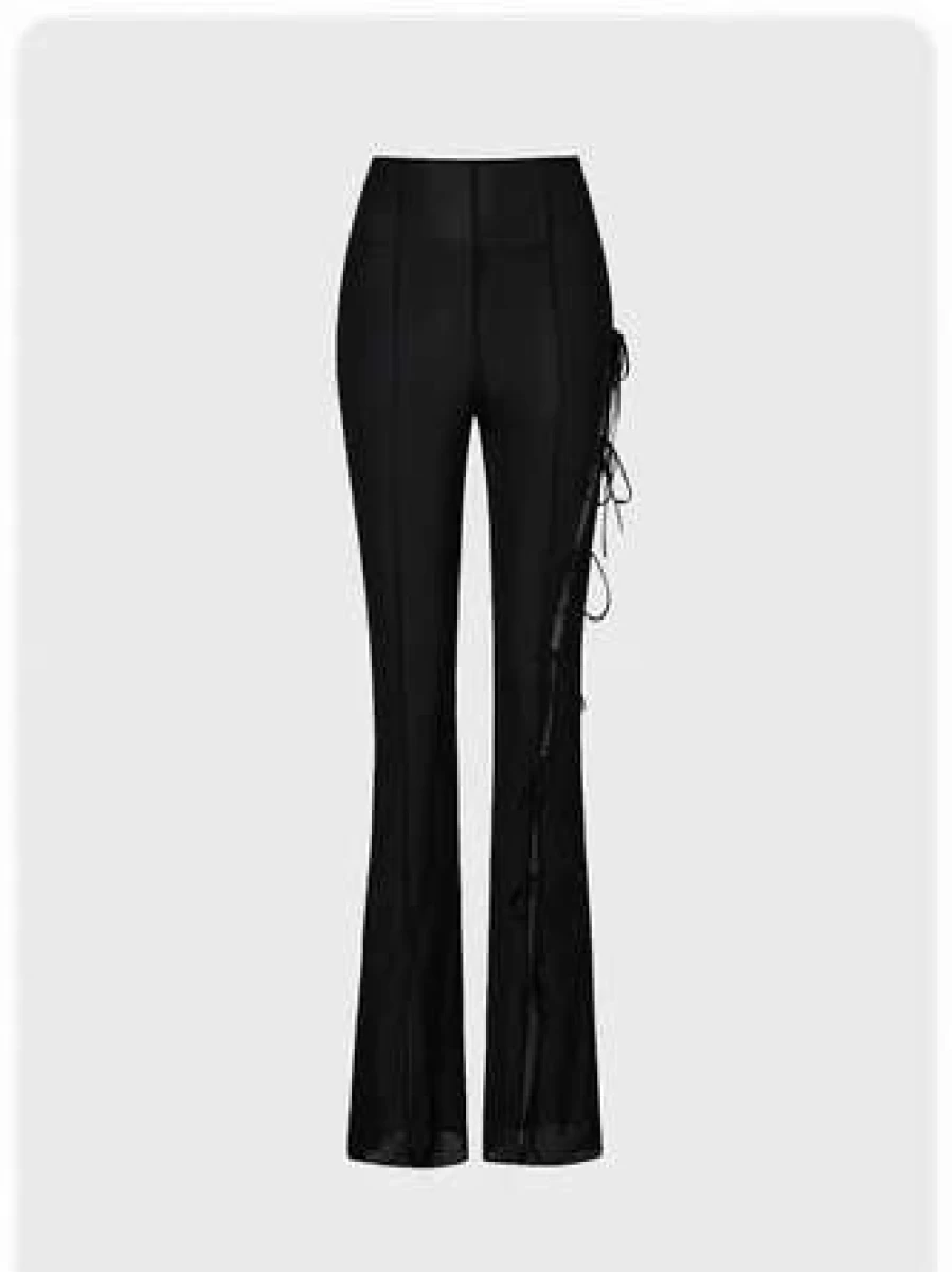 Black Lace Up Asymmetrical Mesh Panel Pants with High Waist Design