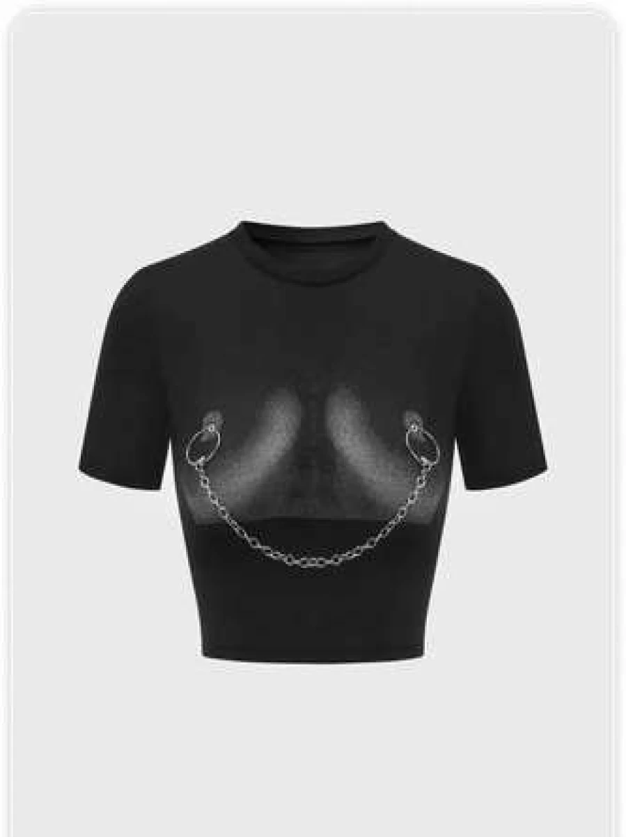 "Black Edgy Body Print Metal Chain Party T-Shirt - Stylish Graphic Tee for Women & Men"