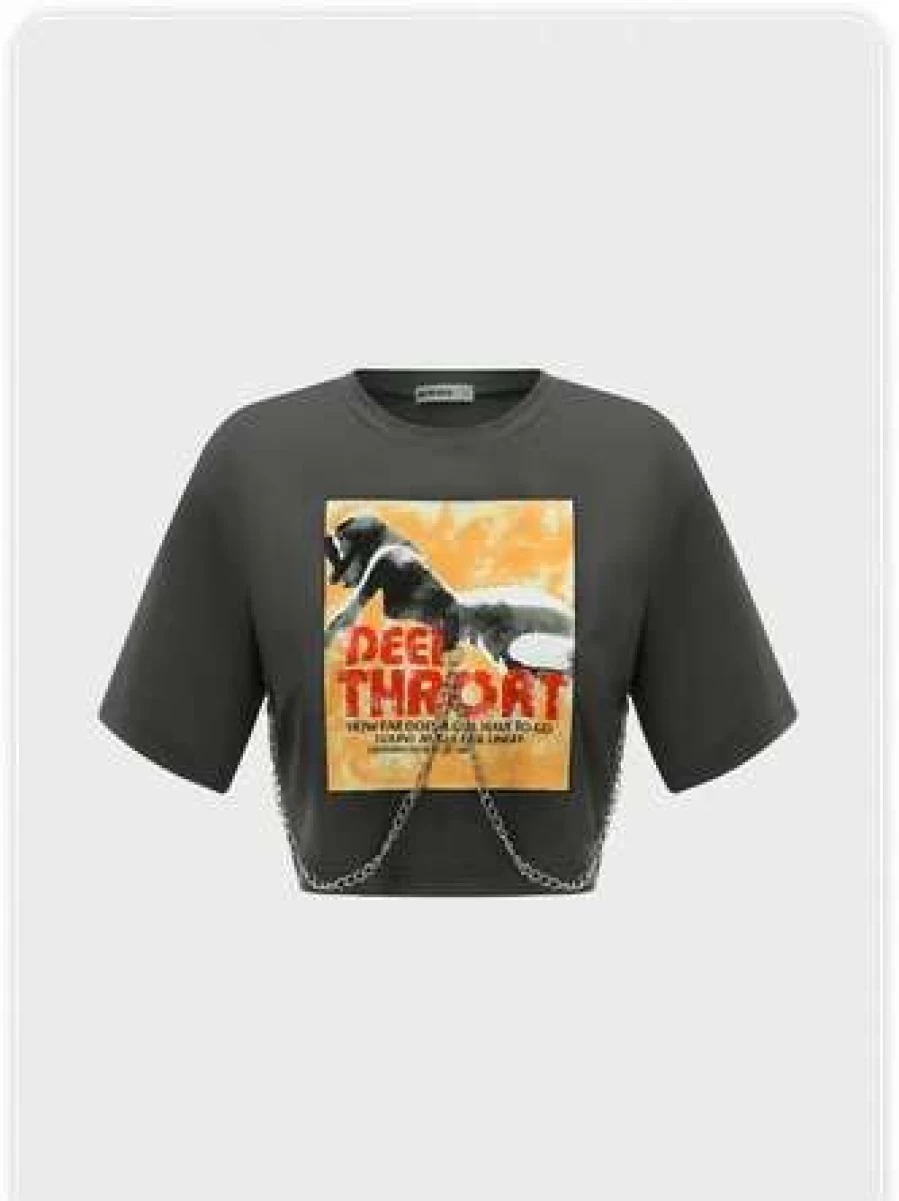 Kollyy Gray Streetwear Graphic Print Metal Chain Detail T-Shirt for Men and Women