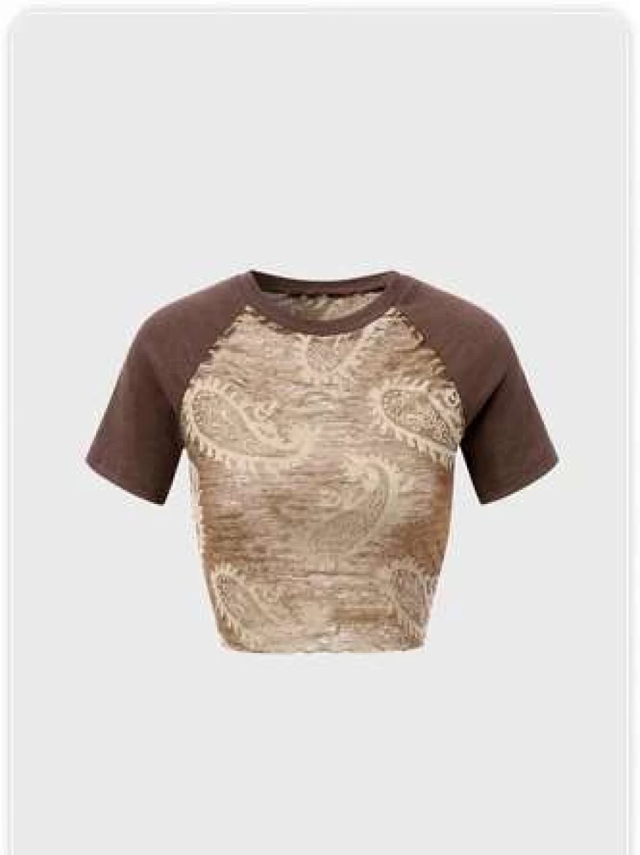 Y2K Brown Patchwork Mesh T-Shirt Vintage Inspired Retro Top