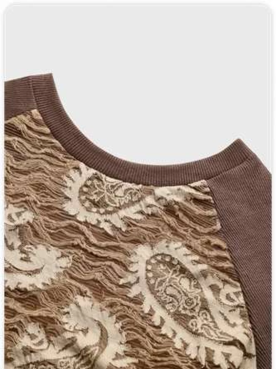 Y2K Brown Patchwork Mesh T-Shirt Vintage Inspired Retro Top
