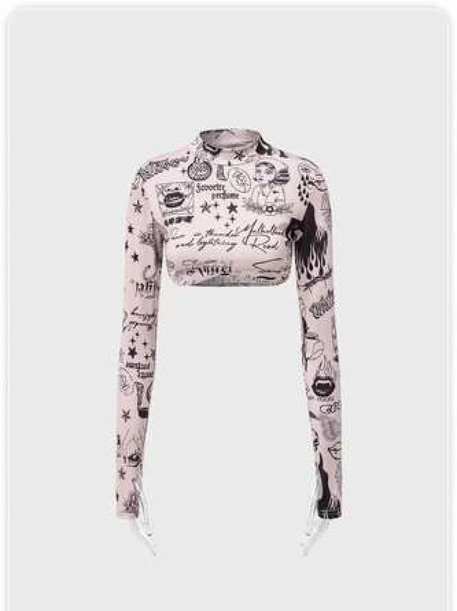 Khaki Y2K Graffiti Print Long Sleeve T-Shirt Vintage Retro Streetwear Top
