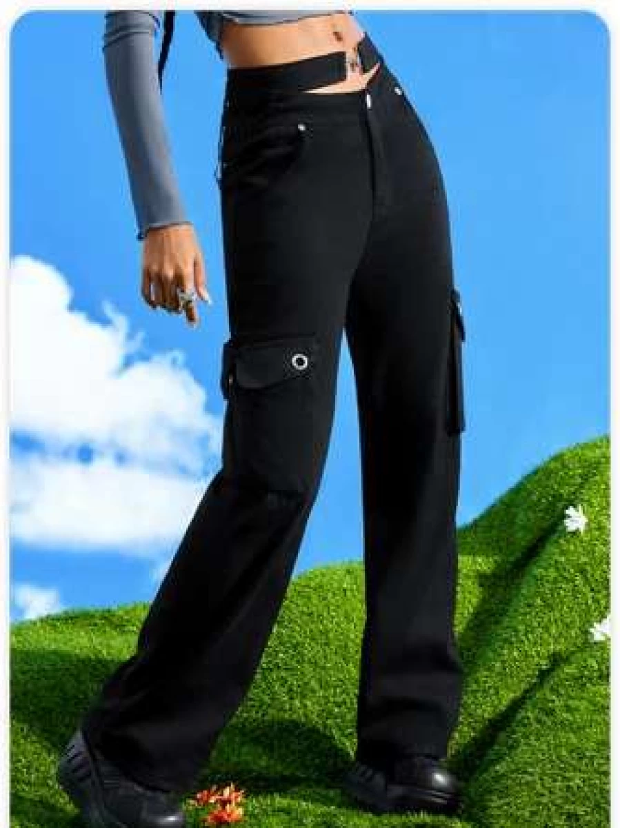 Kollyy Black Street Pants with Cut-Out Pockets and Stylish Bottom Design