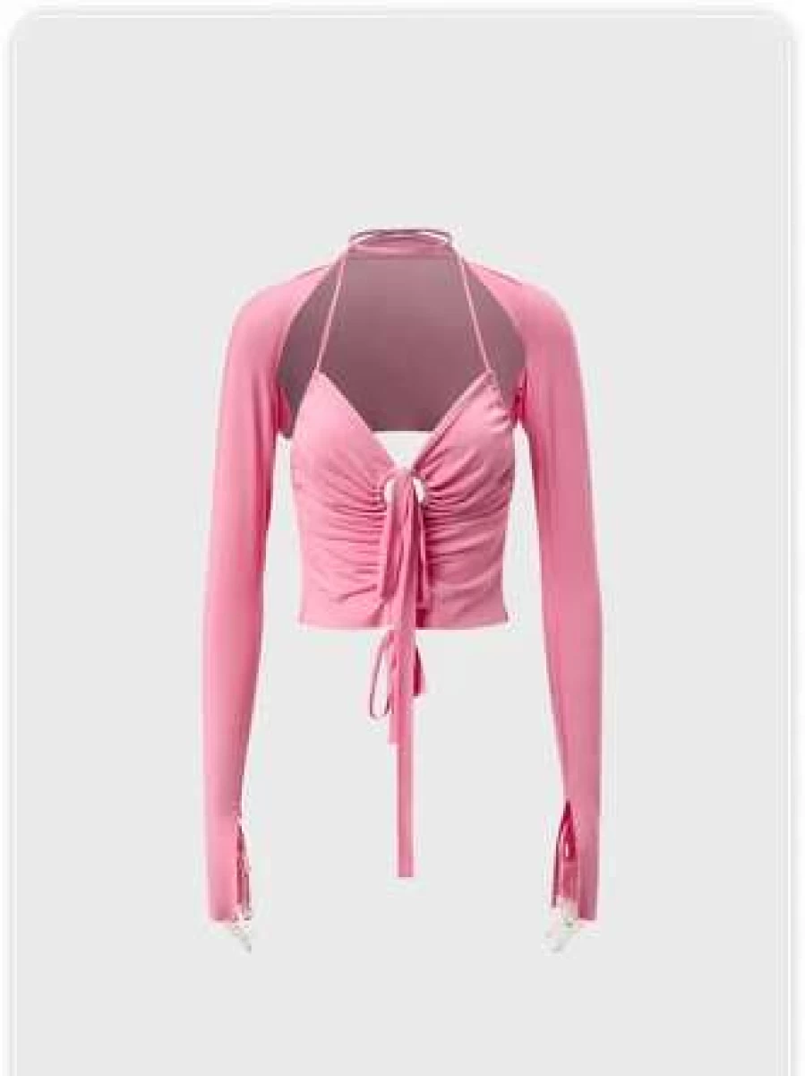 Pink Y2K Cut Out Lace Up Backless T-Shirt - Trendy Vintage Style Top