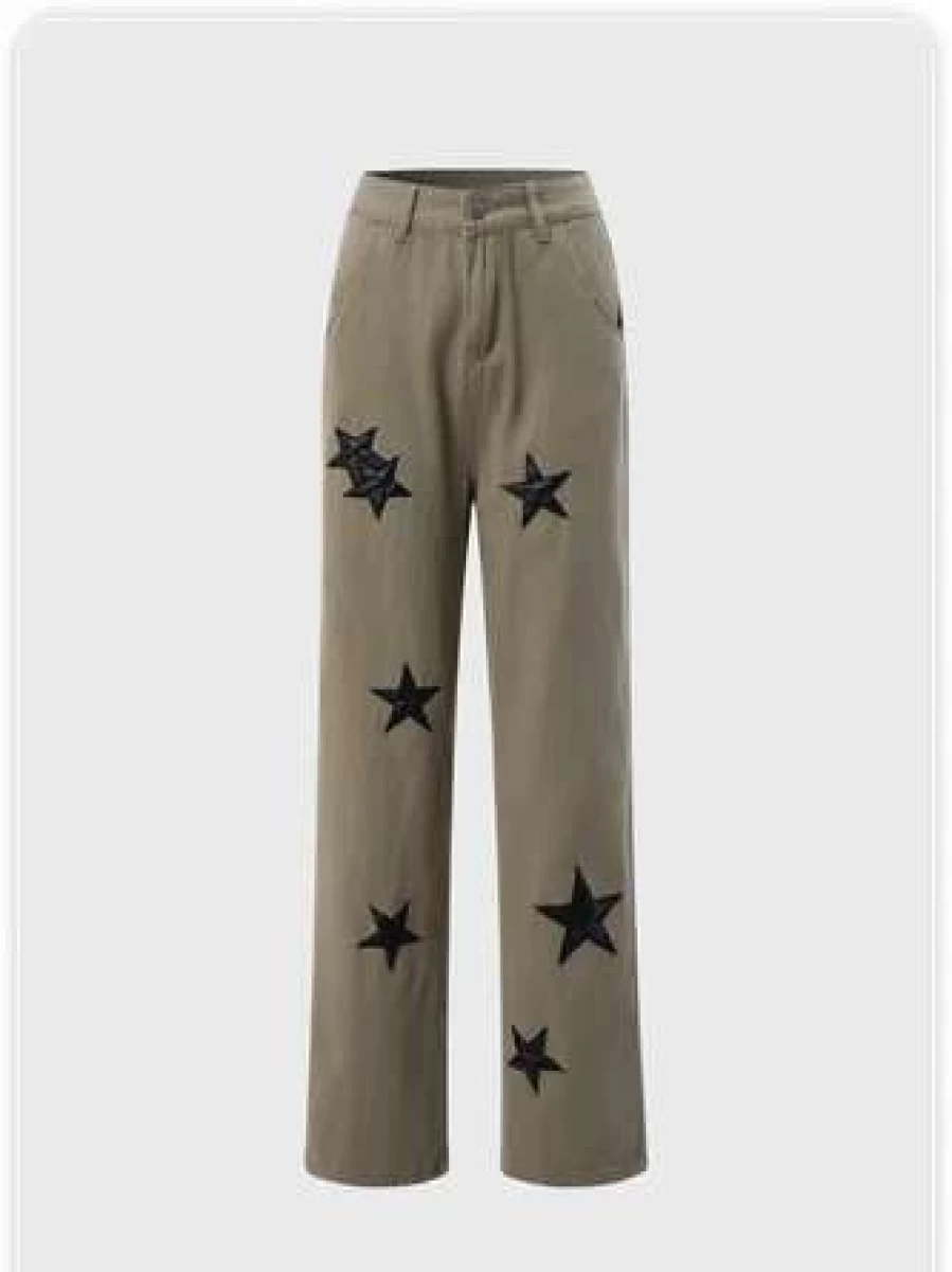 Kollyy Street Star Khaki Denim Pants for Men & Women - Trendy High-Waisted Casual Jeans