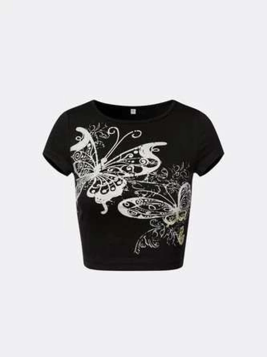 Black Y2K Butterfly Print Short Sleeve T-Shirt Vintage Retro Style Top