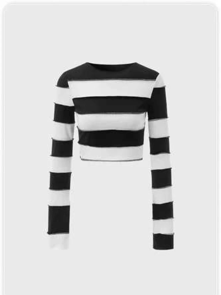 Y2K Striped Bell Sleeves Inside-Out T-Shirt in Black