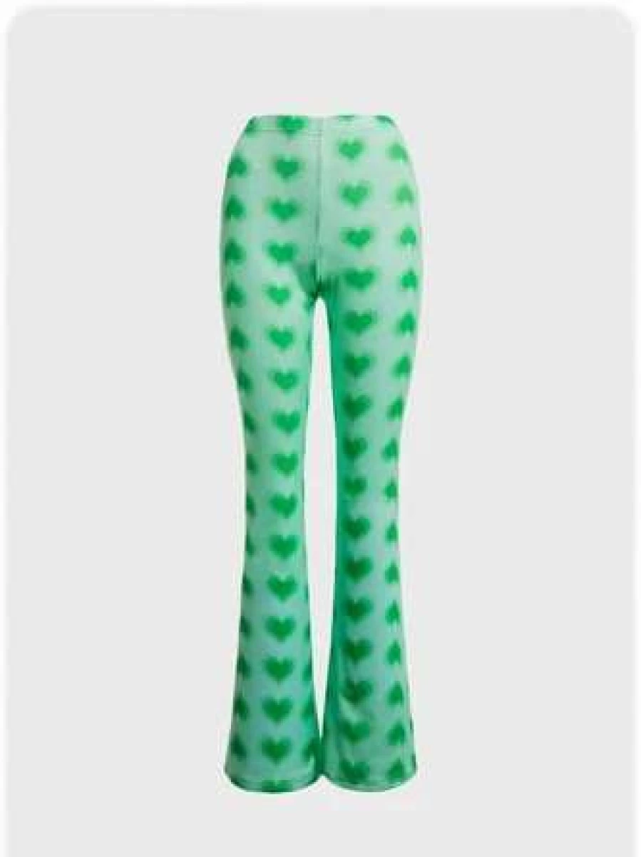 Y2K Green Abstract Flare Pants for Women - Retro High Waist Wide Leg Trousers