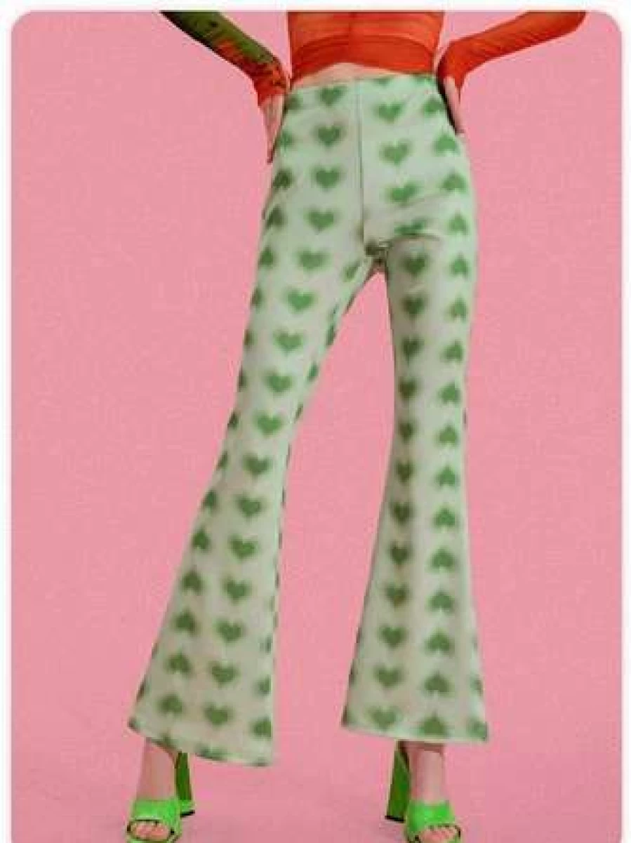 Y2K Green Abstract Flare Pants for Women - Retro High Waist Wide Leg Trousers