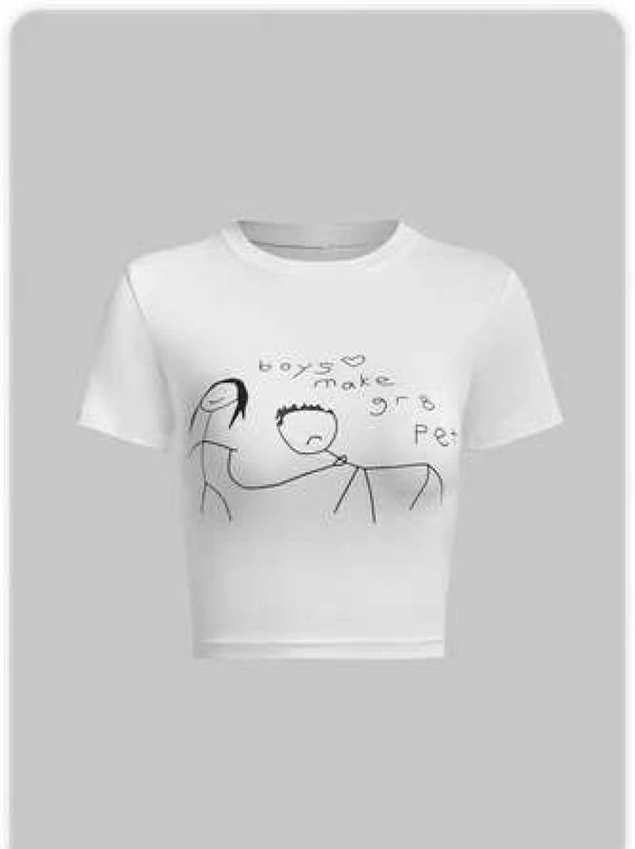Y2K White Graphic Print T-Shirt Vintage Retro Style Top
