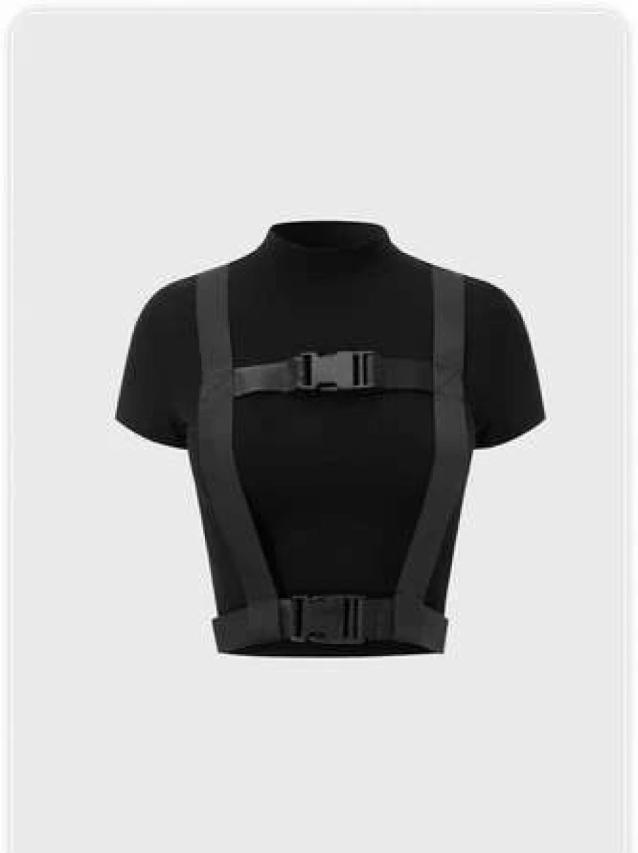 Kollyy Black Slim Fit Street Style Buckle Detail T-Shirt for Men