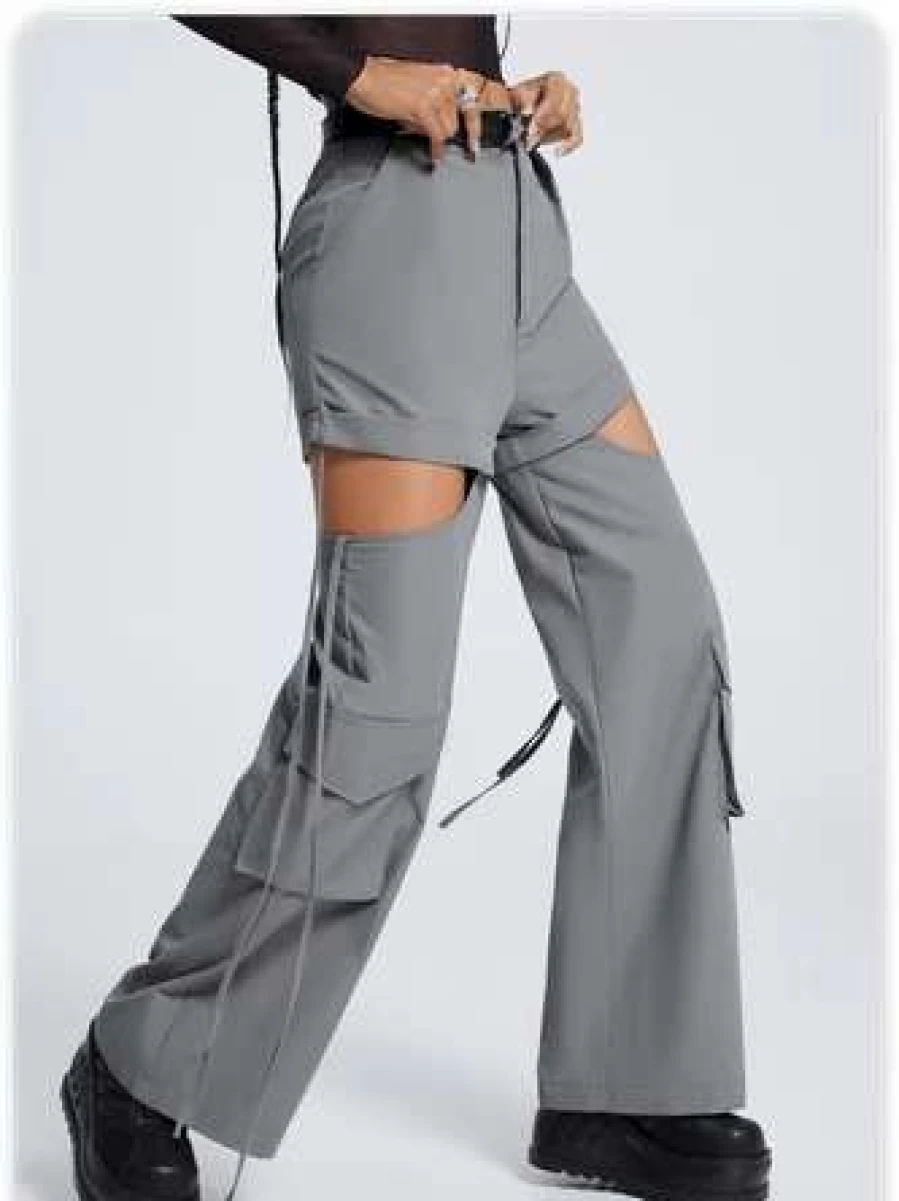 Kollyy Gray Street Cut Out Lace Up High Waist Pants for Women Fashion