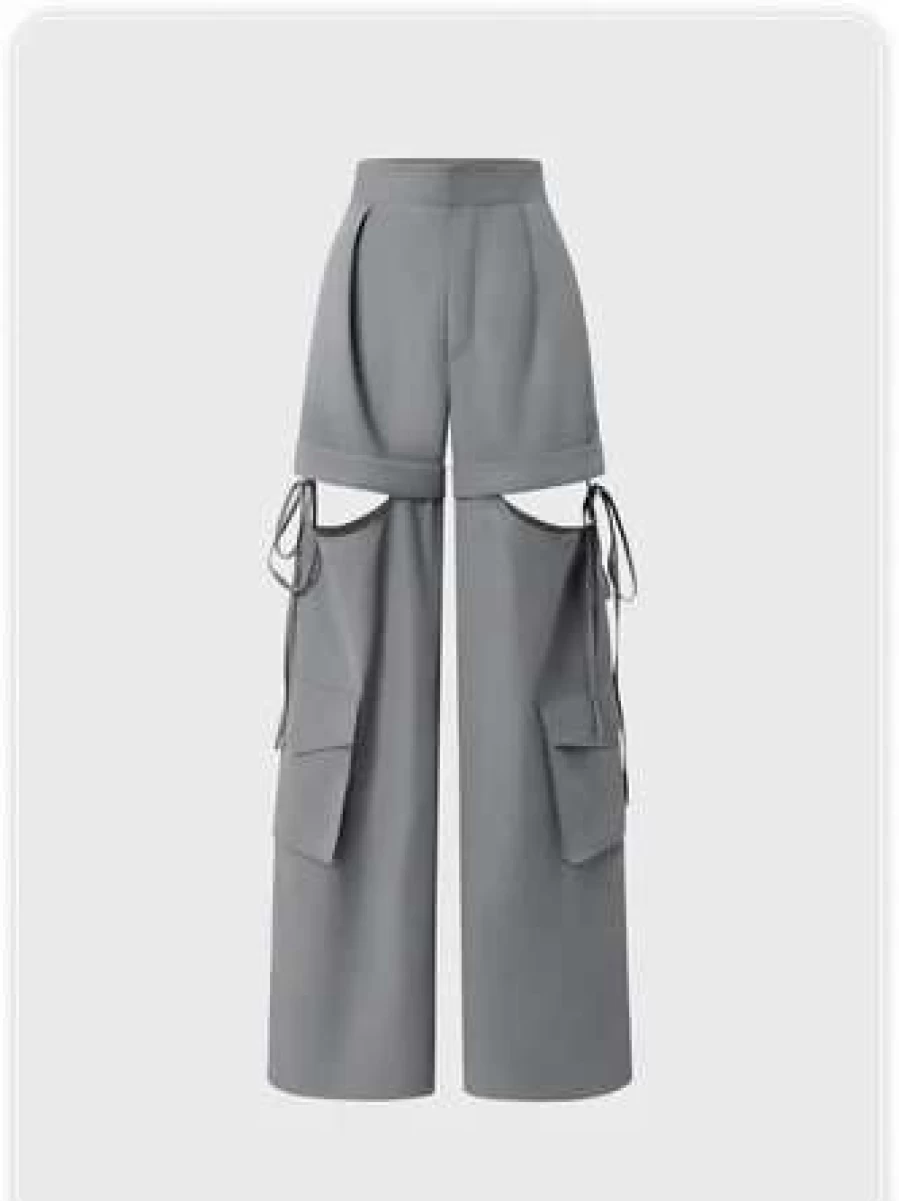 Kollyy Gray Street Cut Out Lace Up High Waist Pants for Women Fashion