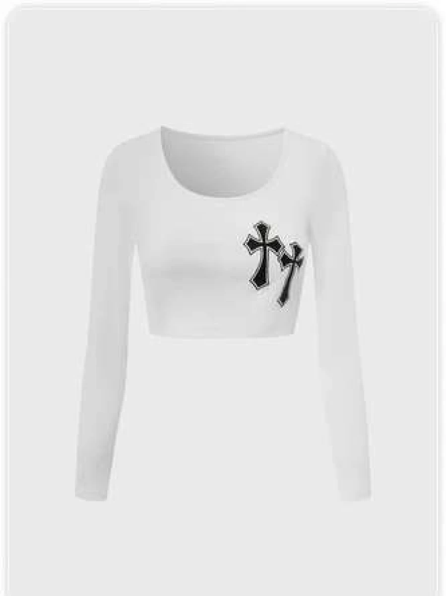 Y2K Style White Cropped Cross Front T-Shirt