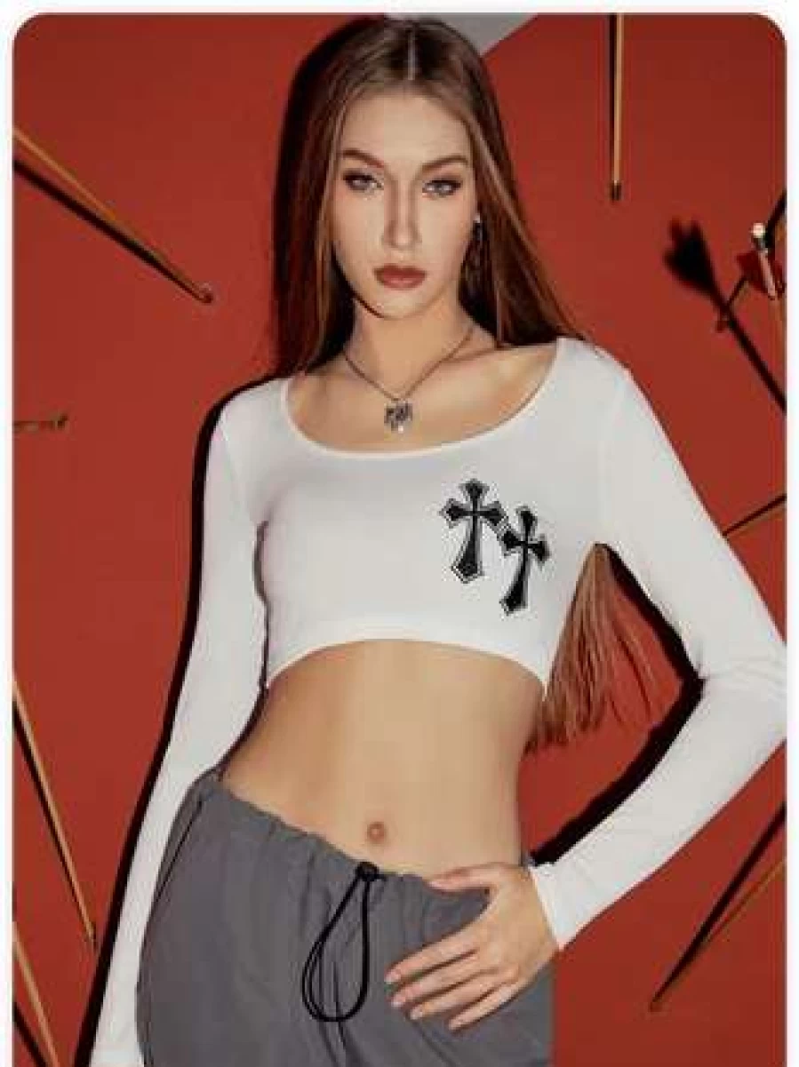 Y2K Style White Cropped Cross Front T-Shirt