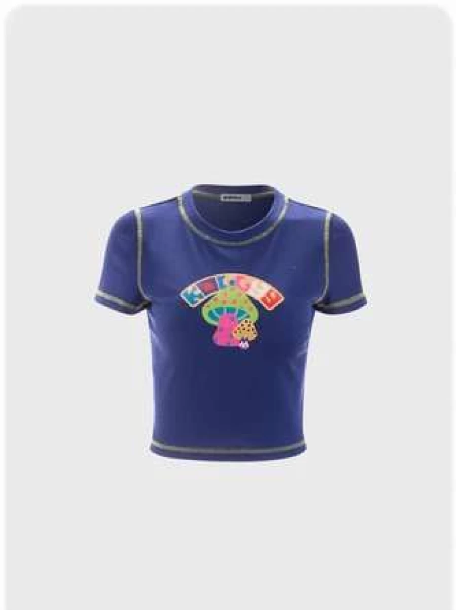 "Navy Blue Cartoon Print Vacation Short Sleeve T-Shirt - Kollyy Casual Summer Top"