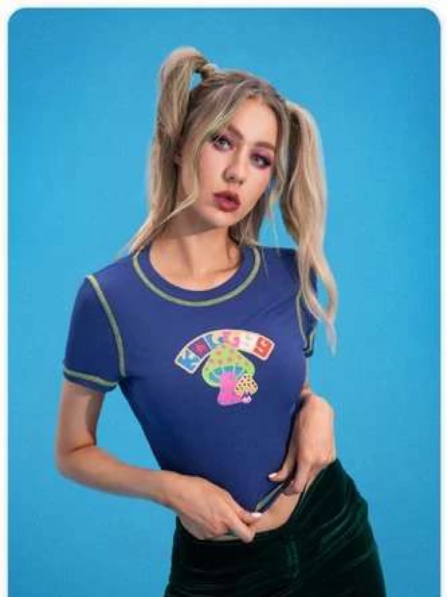 "Navy Blue Cartoon Print Vacation Short Sleeve T-Shirt - Kollyy Casual Summer Top"