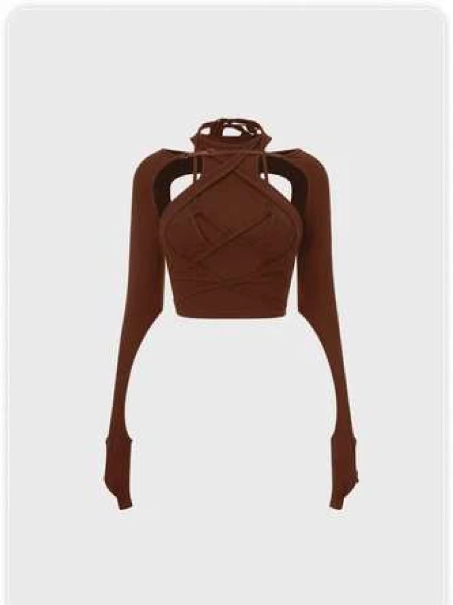 "Red Brown Lace-Up Cut Out T-Shirt - Stylish Women's Top for Casual Wear"
