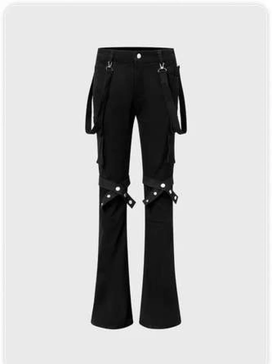 Kollyy Black Street Style Pants with Removable Straps and Adjustable Bottom