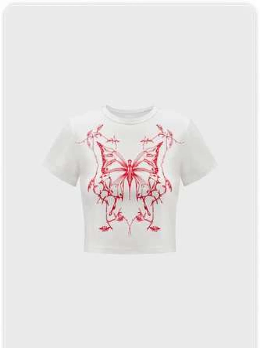 Y2K White Butterfly Graphic Crew Neck T-Shirt Vintage Aesthetic Top