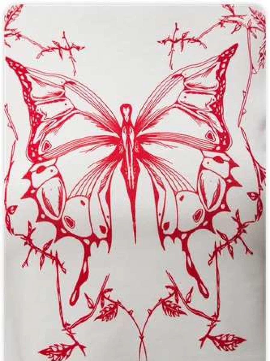Y2K White Butterfly Graphic Crew Neck T-Shirt Vintage Aesthetic Top